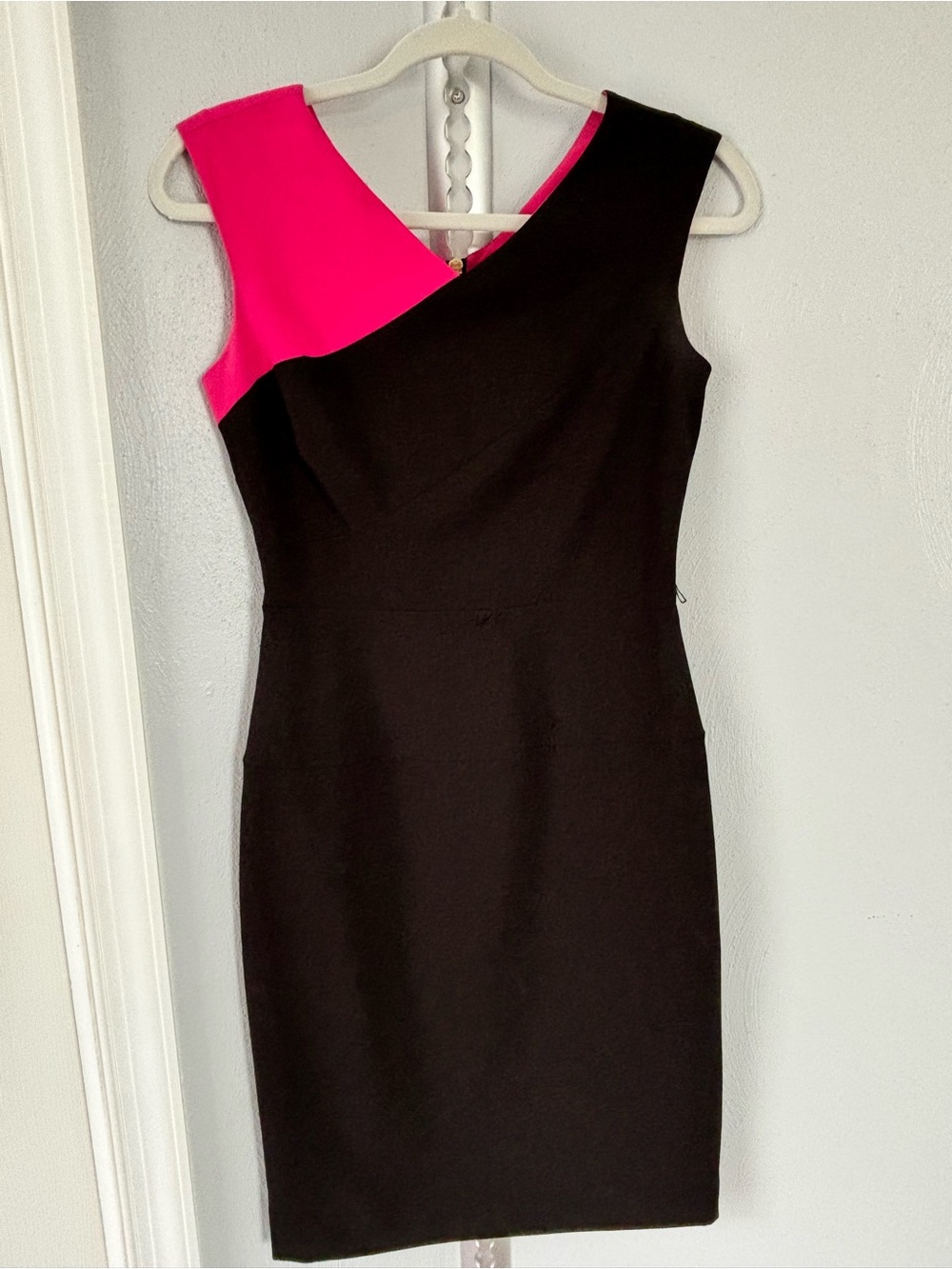Calvin Klein Black Sheath Dress with Hot Pink One-Shoulder Accent
